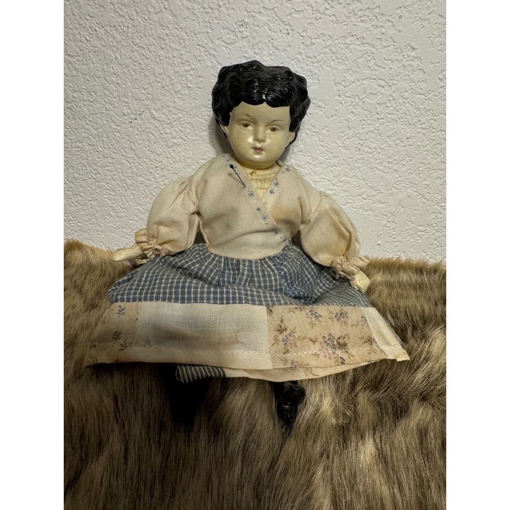 Vintage Doll Artist‎ Signed Cloth Body Quilted Dress Black Hair